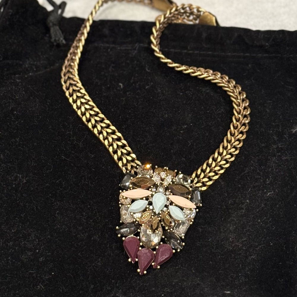 J. Crew Elegant Gold Statement Necklace with Multicolor Brooch Pendant